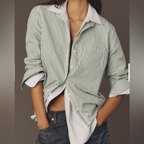 Anthropologie Tops - Anthropologie Maeve Buttondown Long Sleeve Classic Shirt Striped High Low Size L